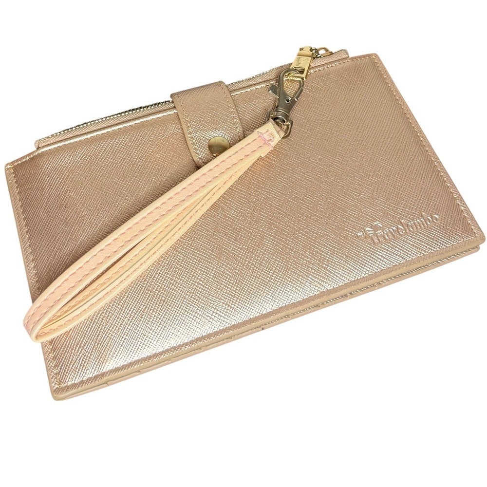 Travelambo Rose Gold Saffiano Vegan Leather RFID Blocking Slim Bifold‎ Wristlet